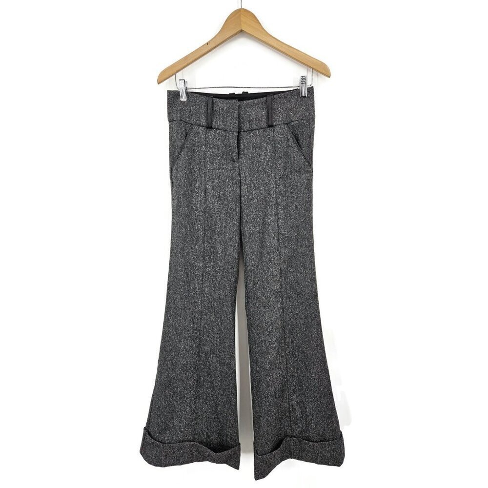 New Bebe Wool Silk Blend Pants Womens 0 Flared Leg Black Grey Tweed